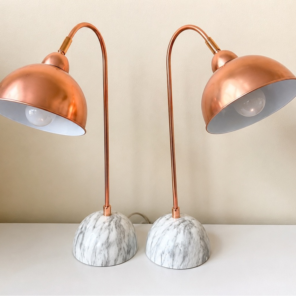 Set of Two Copper Dome Desk Lamps with Marble Bases
